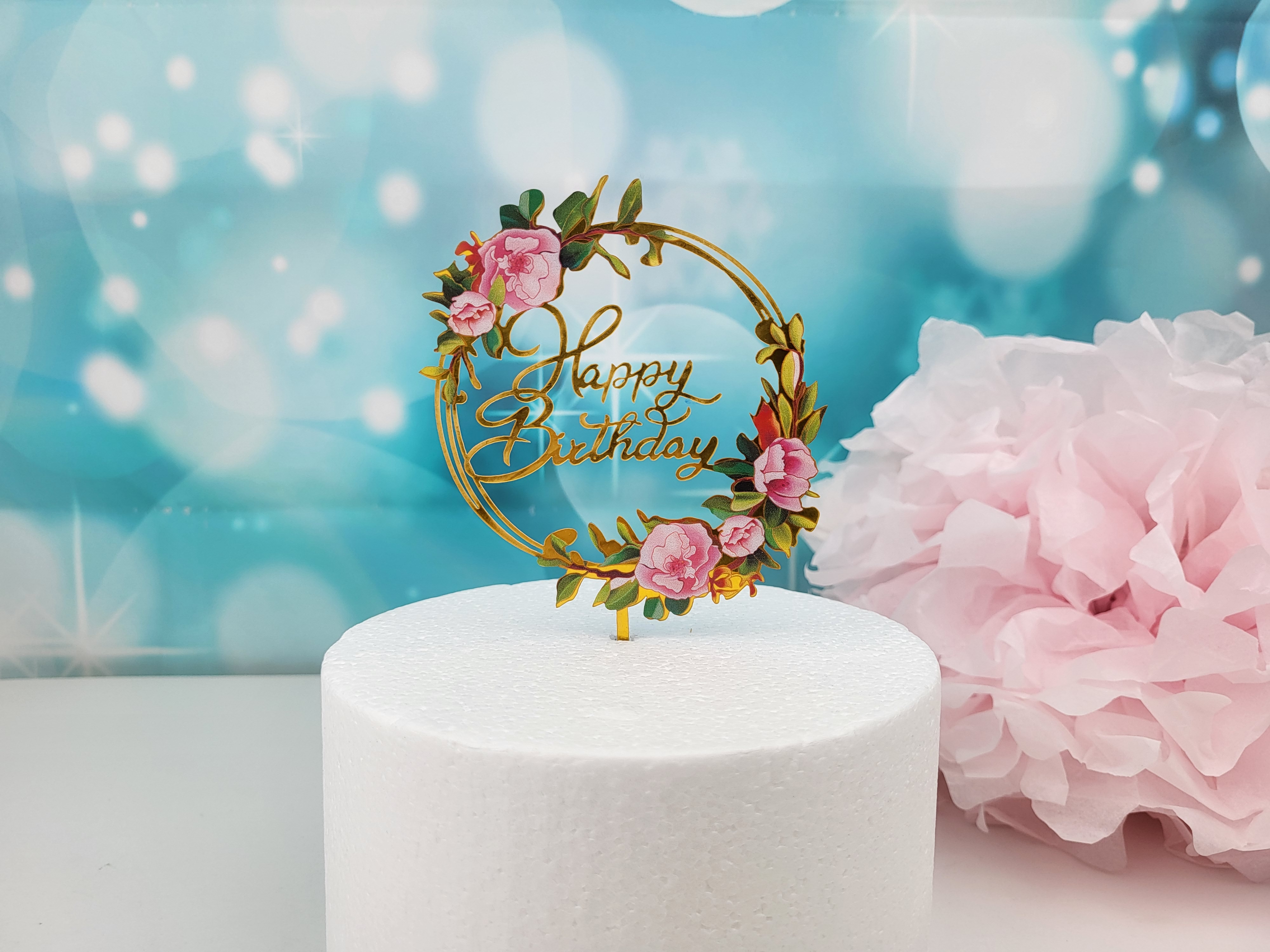 Cake Topper Happy Birtdhay gold mit Blumenkranz