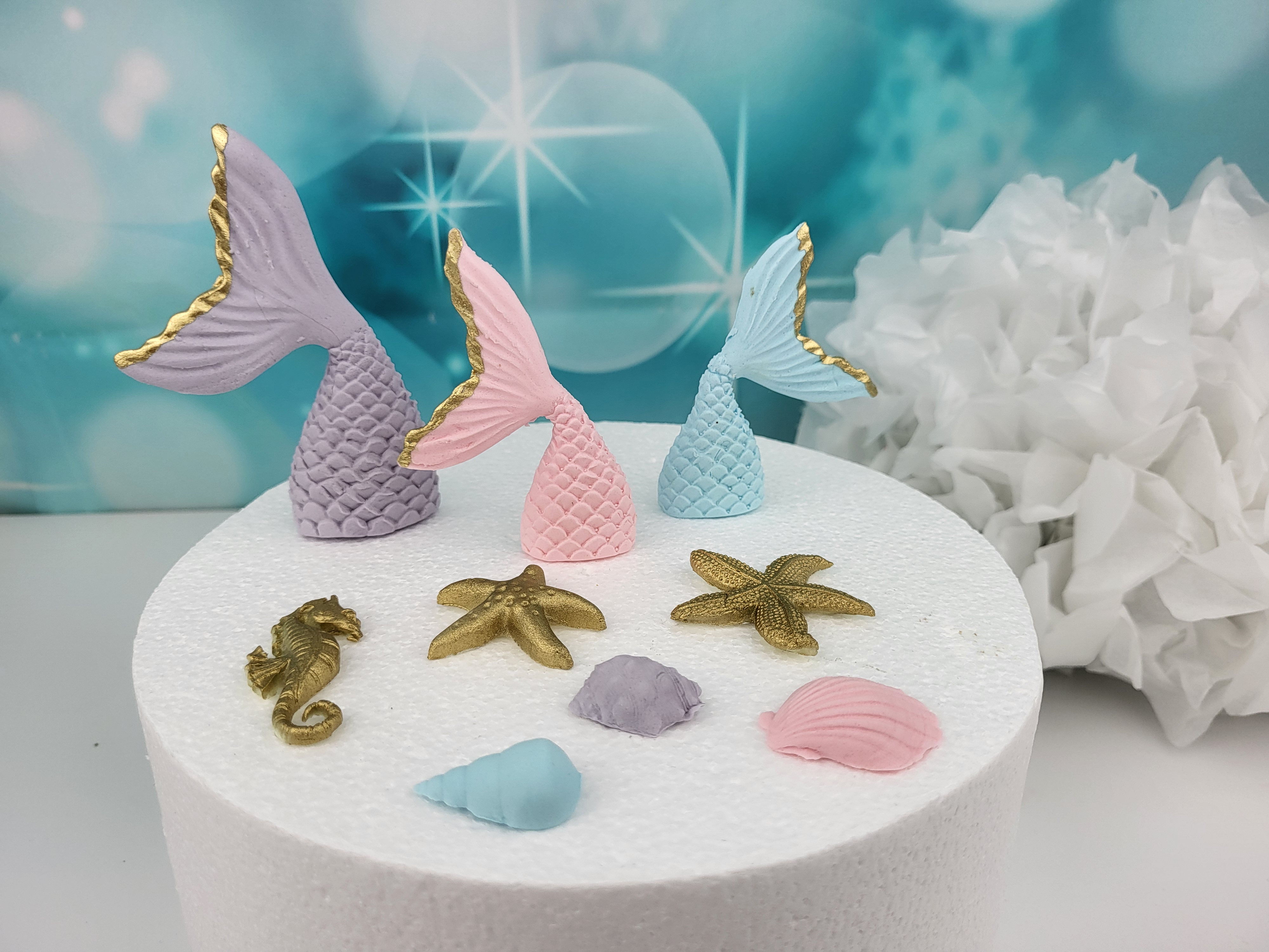 Zuckerdekoration Meerjungfrauenflossen Muscheln Seepferdchen