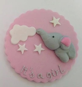 Fondantaufleger "It's a girl" mit Elefant rosa/grau